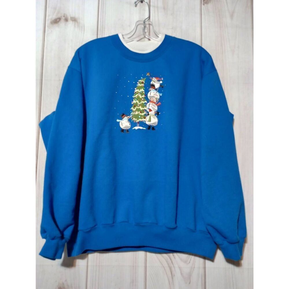 Christmas Sweatshirt Ladies Extra Large Blue Snowman Christmas Tree Trilllogy